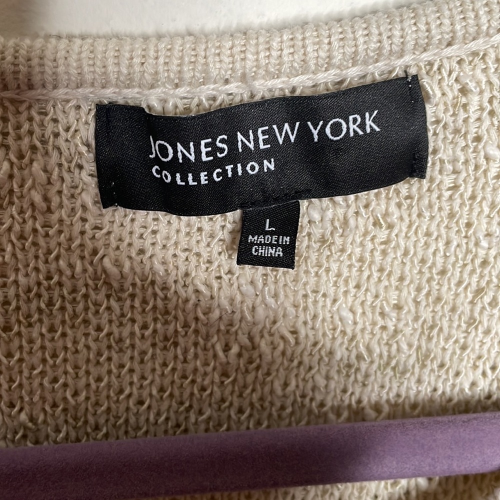 Jones New York Collection tweedy woven cardigan in natural beige, size large - Picture 3 of 10